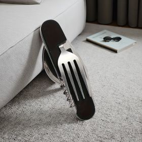 Stainless Steel 6-in-1 Multi-Tool Cutlery Set, Folding Pocket Knife with Fork, Spoon, Can Opener, Corkscrew, and Bottle Opener (Color: Black)