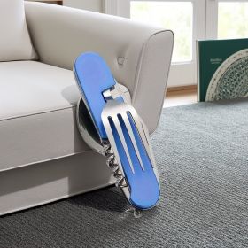 Stainless Steel 6-in-1 Multi-Tool Cutlery Set, Folding Pocket Knife with Fork, Spoon, Can Opener, Corkscrew, and Bottle Opener (Color: Blue)