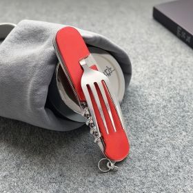 Stainless Steel 6-in-1 Multi-Tool Cutlery Set, Folding Pocket Knife with Fork, Spoon, Can Opener, Corkscrew, and Bottle Opener (Color: Red)